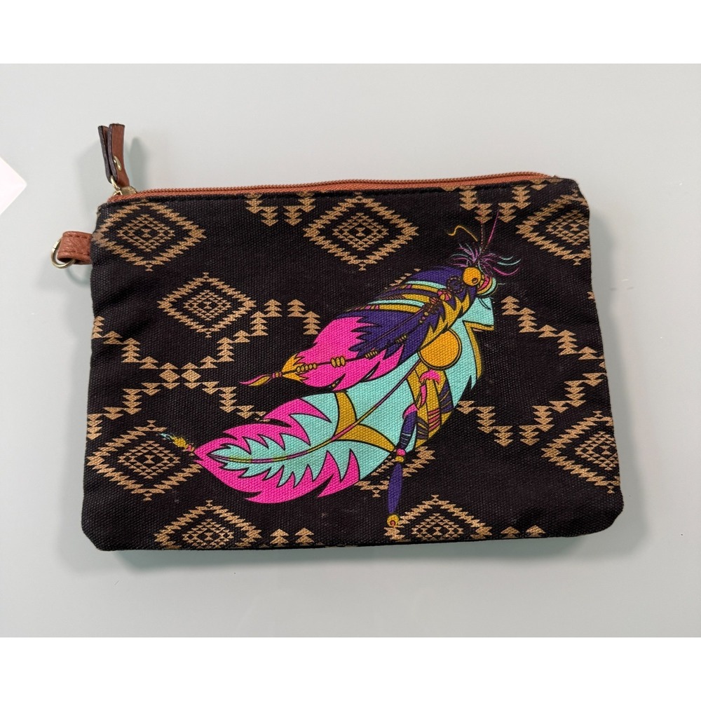 No Boundries Zip Pouch Medium Aztec Design Feather Motif GrannieCore
